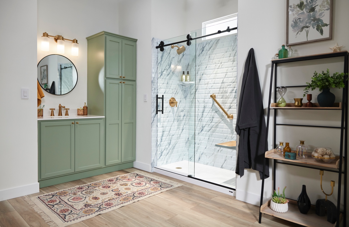 A bathroom with a glass shower and a sink
Description automatically generated