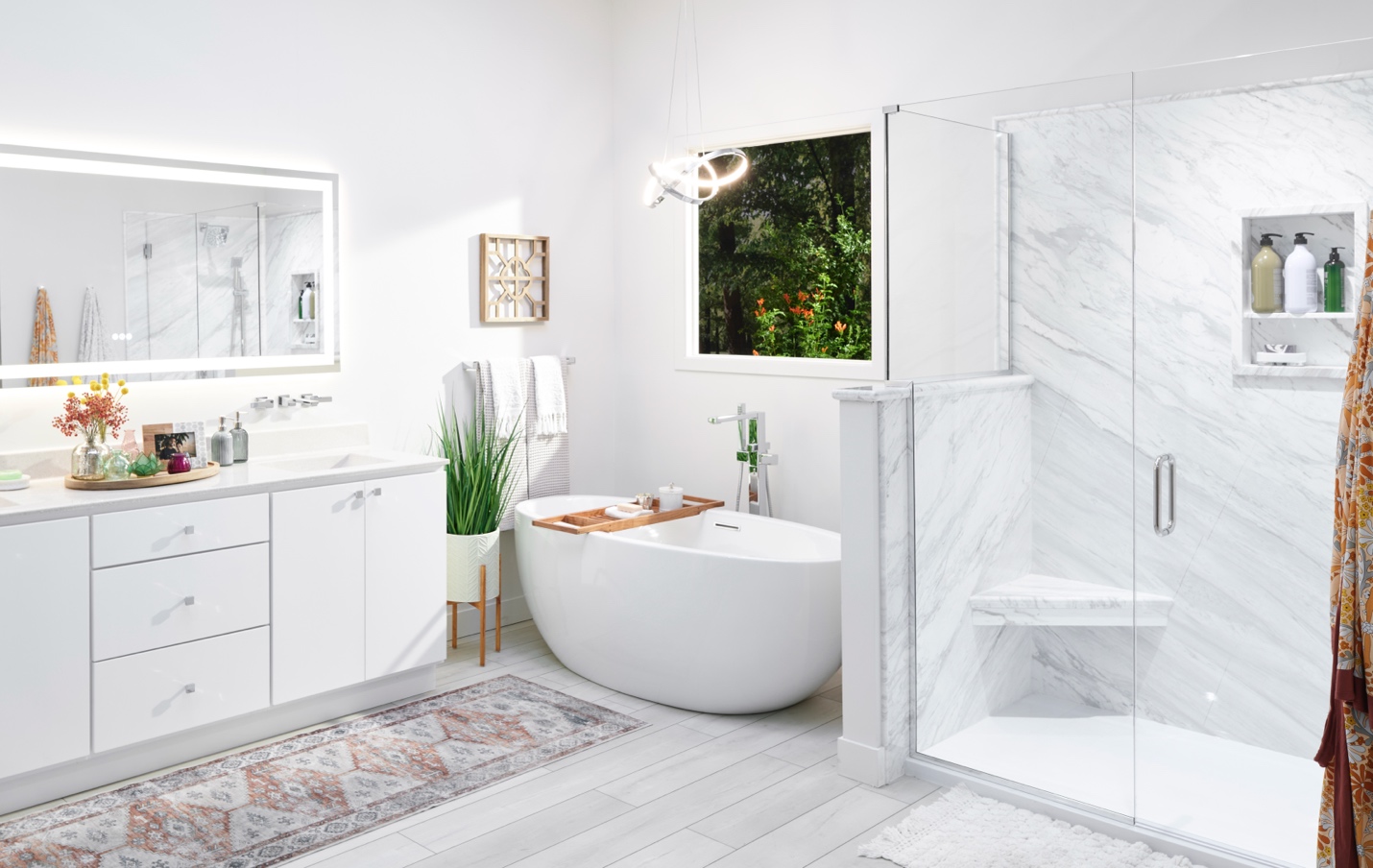 A bathroom with a tub and shower
Description automatically generated