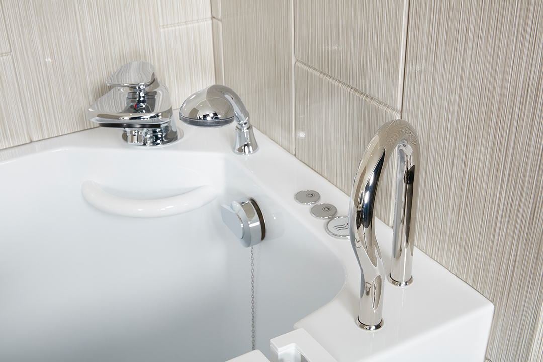 Re-Bath accessible aging bathtub with chrome grab bars