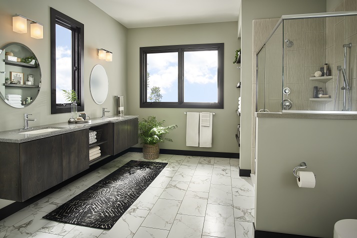 A bathroom with a black rug and a window
Description automatically generated