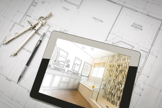Computer Tablet with Master Bathroom Design Over House Plans, Pencil and Compass.