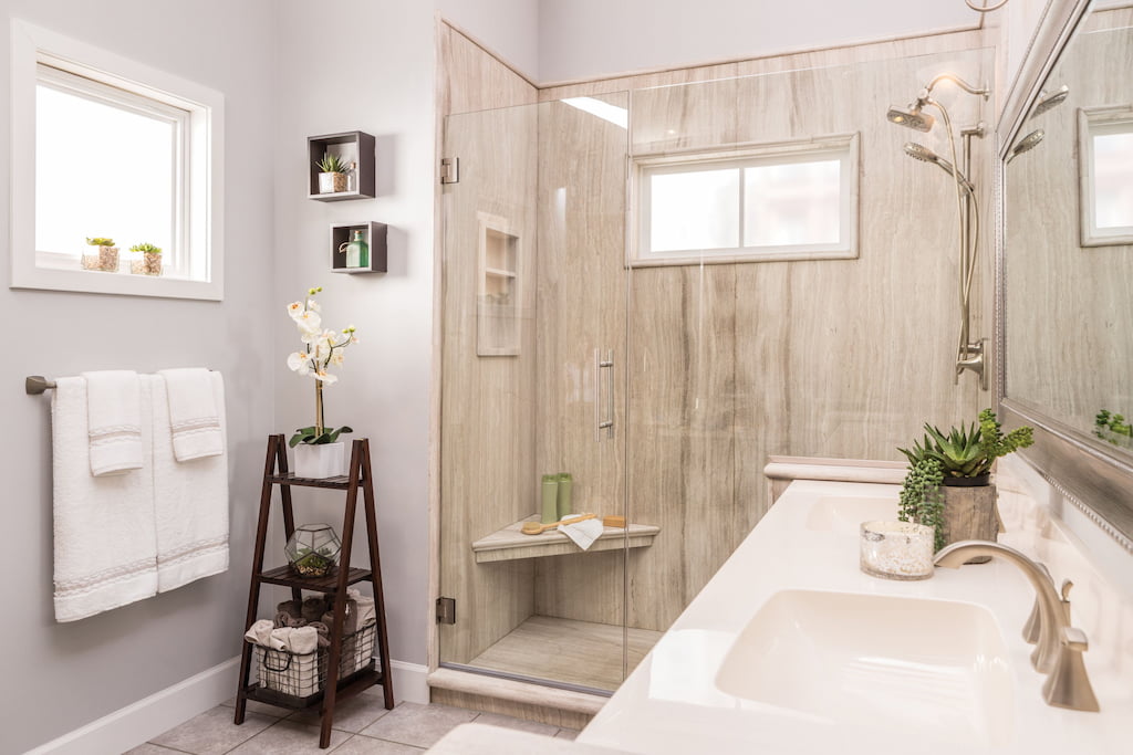 Teakwood Natural Stone Tiled Shower Photo