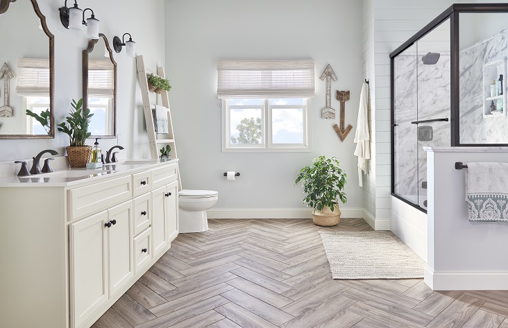 White Calcutta Transitional Bathroom Photo