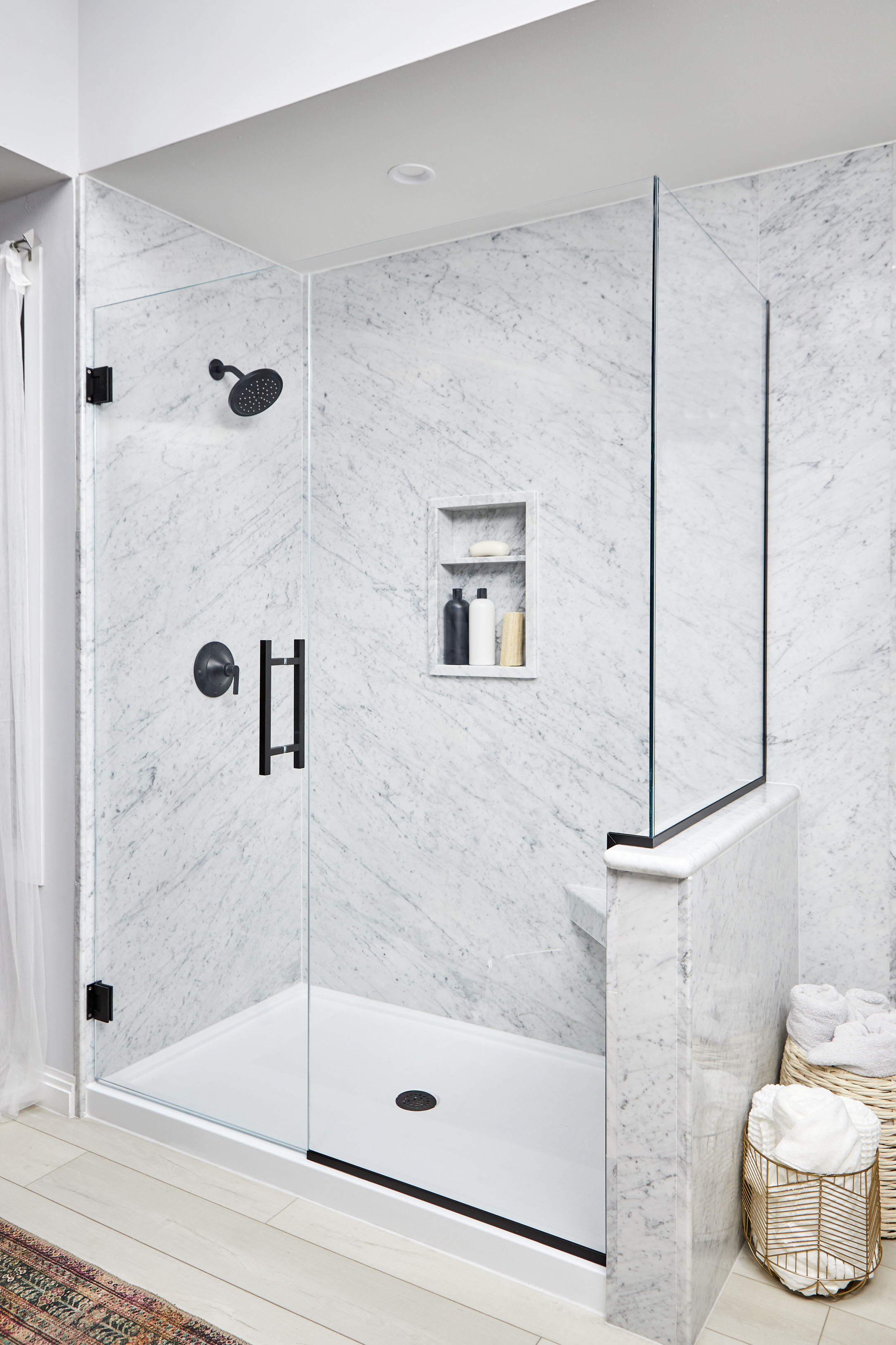 White Carerra Walk In Shower Photo